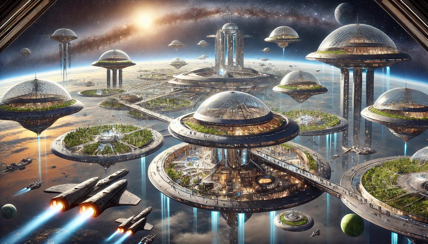 A breathtaking scene of a futuristic university in space, orbiting around a distant star. The university is a massive structure, blending sleek, metallic architecture with transparent glass domes, suspended in the vastness of space. There are floating platforms and interconnected pathways, some featuring artificial greenery, gardens, and water flowing through glass tubes. Students in futuristic attire can be seen moving between various buildings, with starships and space shuttles docking nearby. In the background, the bright light of a massive star bathes the university in a soft, golden glow. The surrounding space is filled with distant nebulae and stars.