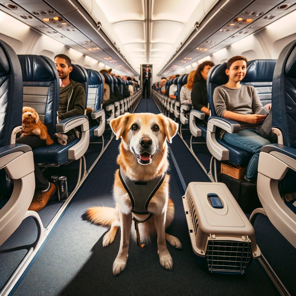 A dog sitting calmly inside an airplane cabin, surrounded by passengers and luggage. The cabin is well-lit and features airplane seats, overhead compartments, and aisle. The dog is wearing a safety harness, and there's a pet carrier beside it. The atmosphere is peaceful, with passengers looking comfortable.