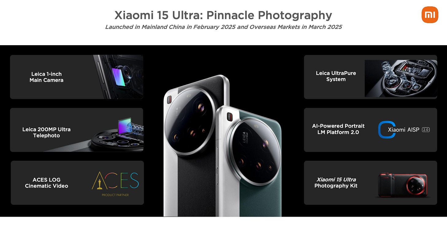 Leica I-inch 
Main Camera 
Leica 200MP Ultra 
Telephoto 
ACES LOG 
Cinematic Video 
Xiaomi 15 Ultra: Pinnacle Photography 
Launched in Mainland China in February 2025 and Overseas Markets in March 2025 
Leica UltraPure 
System 
Al-Powered Portrait 
LM Platform 2.0 
Xiaomi 15 Ultra 
Photography Kit 
PRODUCT PARTNER 
ml 
Xiaomi ASP @ 