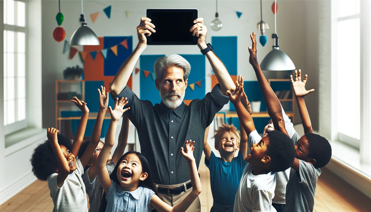 A middle-aged man with a stoic expression, resembling an inventor but not a specific person, stands in the center of the image holding an iPad above his head. Around him, a diverse group of young children, including a Black girl, a Hispanic boy, a South Asian boy, and a Caucasian girl, are playfully trying to reach for the iPad. The children are laughing and stretching their arms upwards, unable to reach the device. The scene is set in a bright, modern room with colorful decorations, symbolizing creativity and innovation.