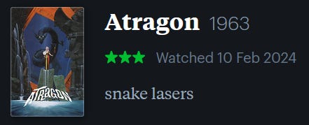 screenshot of LetterBoxd review of Atragon, watched February 10, 2024: snake lasers