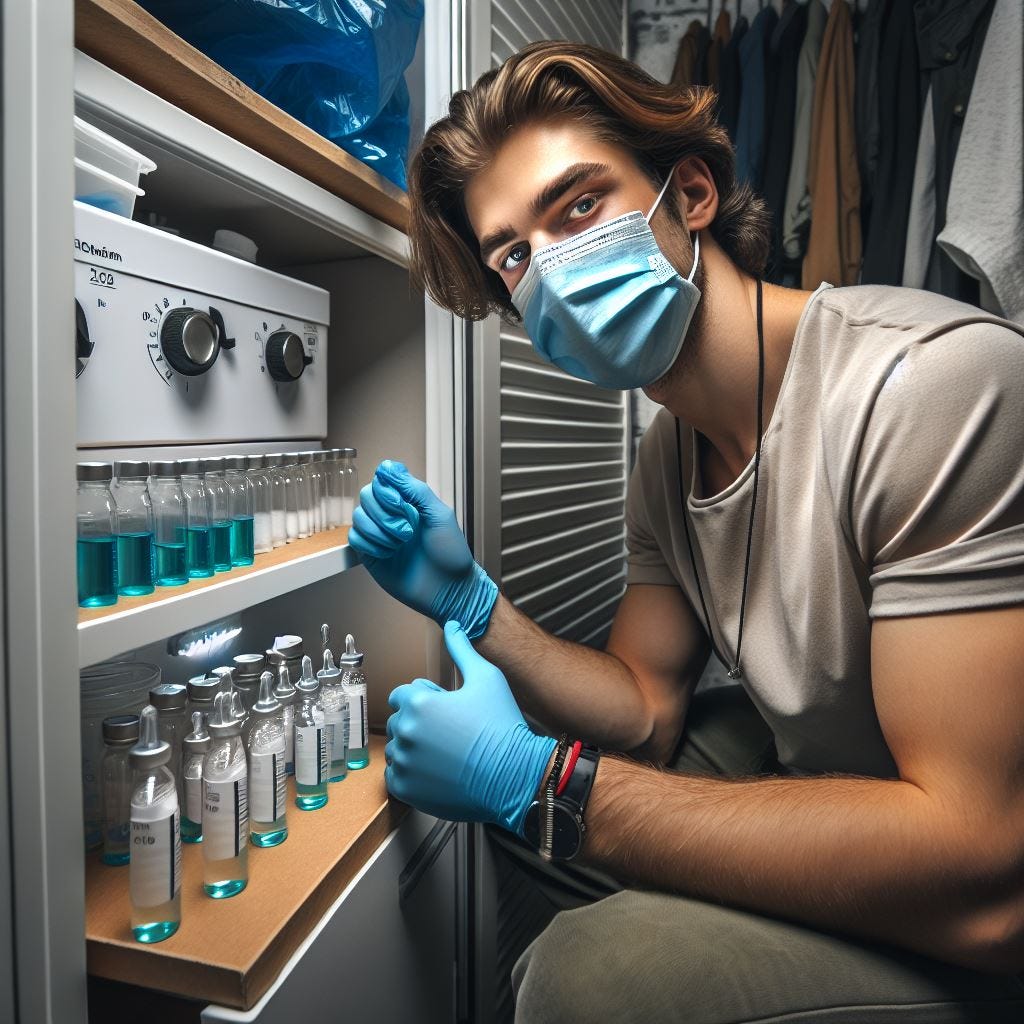 young east european man in a small, closet-sized biolab wearing gloves and a face mask, 2100, solarpunk