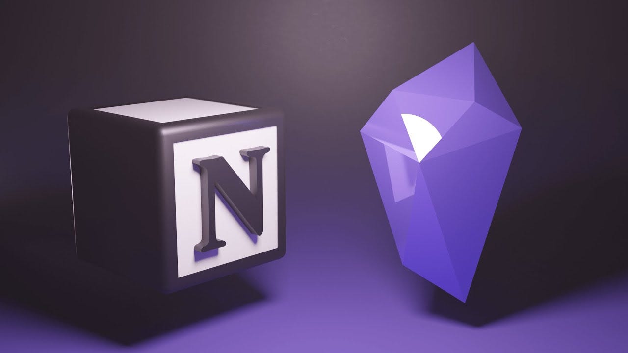 Notion logo and Obsidian logo facing each other.