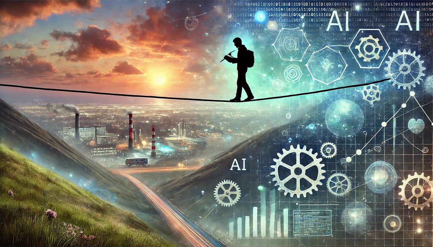 The image depicts a person walking a tightrope over a digital landscape that represents the modern writing environment. The tightrope symbolizes the ethical balance, while the landscape below includes symbols of AI, like gears, circuit boards, and binary code. The person has a pen in one hand and a book in the other, emphasizing the human element in writing. The background features a twilight sky, blending natural elements with subtle digital overlays, highlighting the intersection of technology and creativity.