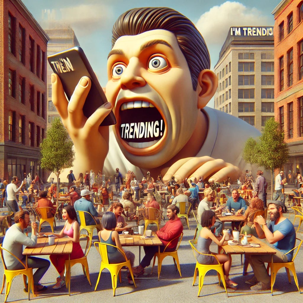 A surreal public square with a larger-than-life simulacrum of a person shouting 'I'm trending!' The simulacrum has a striking, exaggerated appearance and looms over the square, grabbing for attention. Meanwhile, a diverse group of people of various ages and ethnicities are scattered around the square, sitting at tables, drinking coffee, chatting, smiling, and enjoying each other's company. The people remain entirely uninterested and unaware of the simulacrum's presence, emphasizing their focus on real human connection and ignoring the exaggerated spectacle. The setting is warm and vibrant, with a mix of urban and relaxed park-like elements.