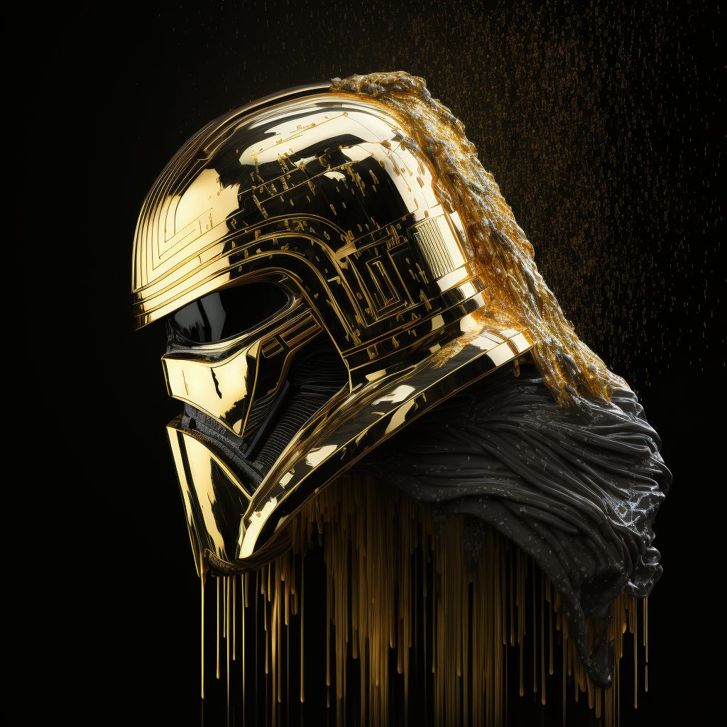 Captain Phasma helmet made of solid gold, dripping with melting gold, intricate, elegant, photorealistic, studio lighting, dark background, 8k
