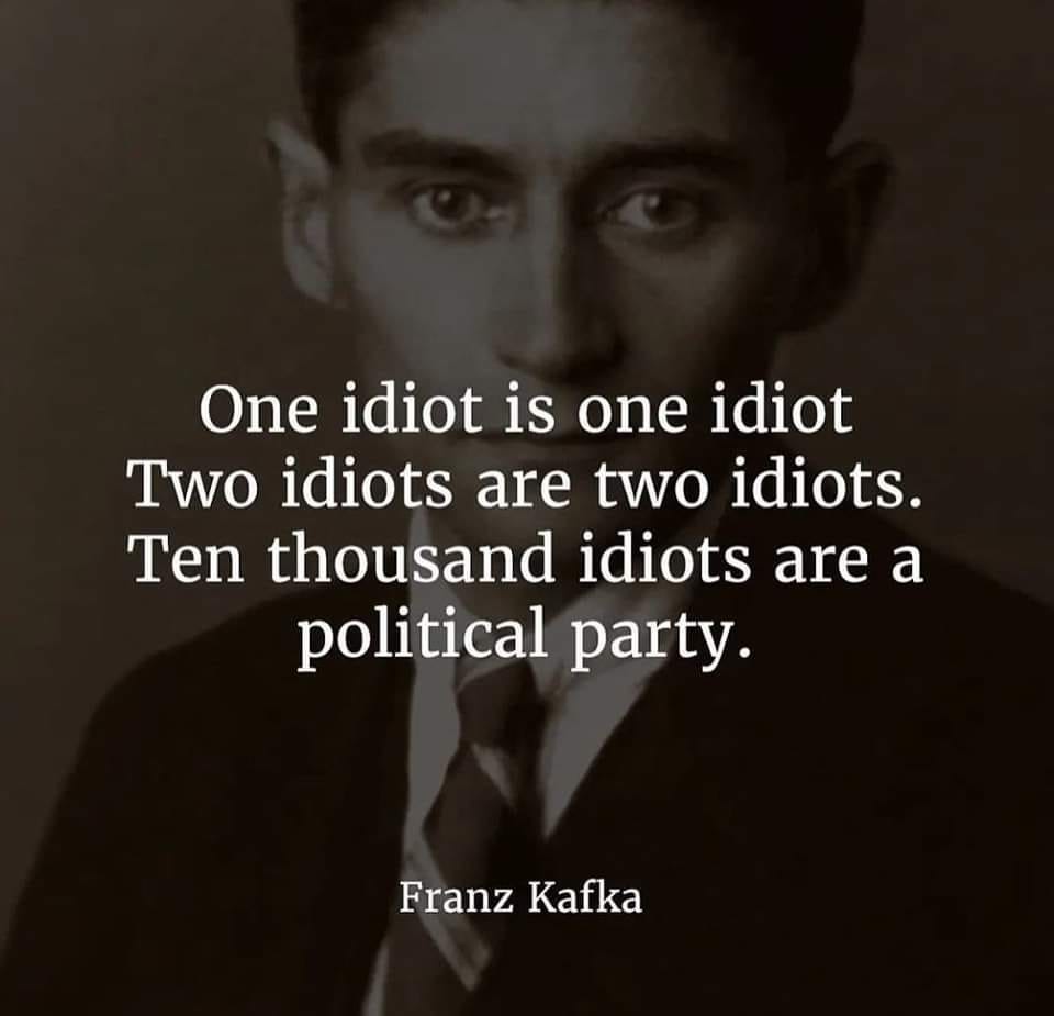 May be an image of 1 person and text that says 'One idiot is is one idiot Two idiots are two idiots. Ten thousand idiots are a political party. Franz Kafka'