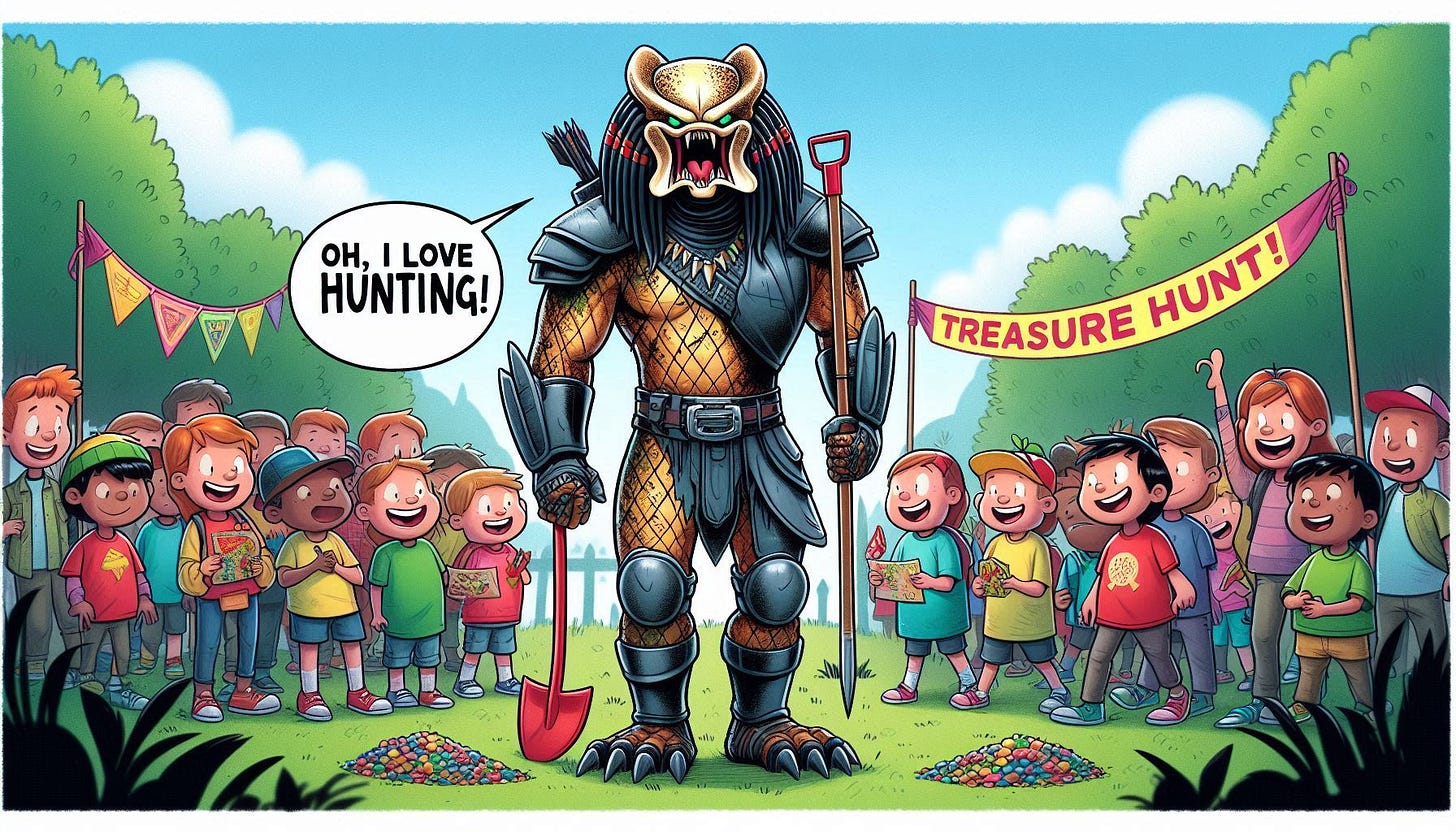 Cartoon illustration: The Predator in his full gear stands excitedly in line behind a group of children at a park for a treasure hunt. The Predator says, "Oh, I love hunting!" He is towering over the kids, holding a small treasure map and a plastic shovel. The setting is a colorful park with banners reading 'Treasure Hunt' and playful decorations.