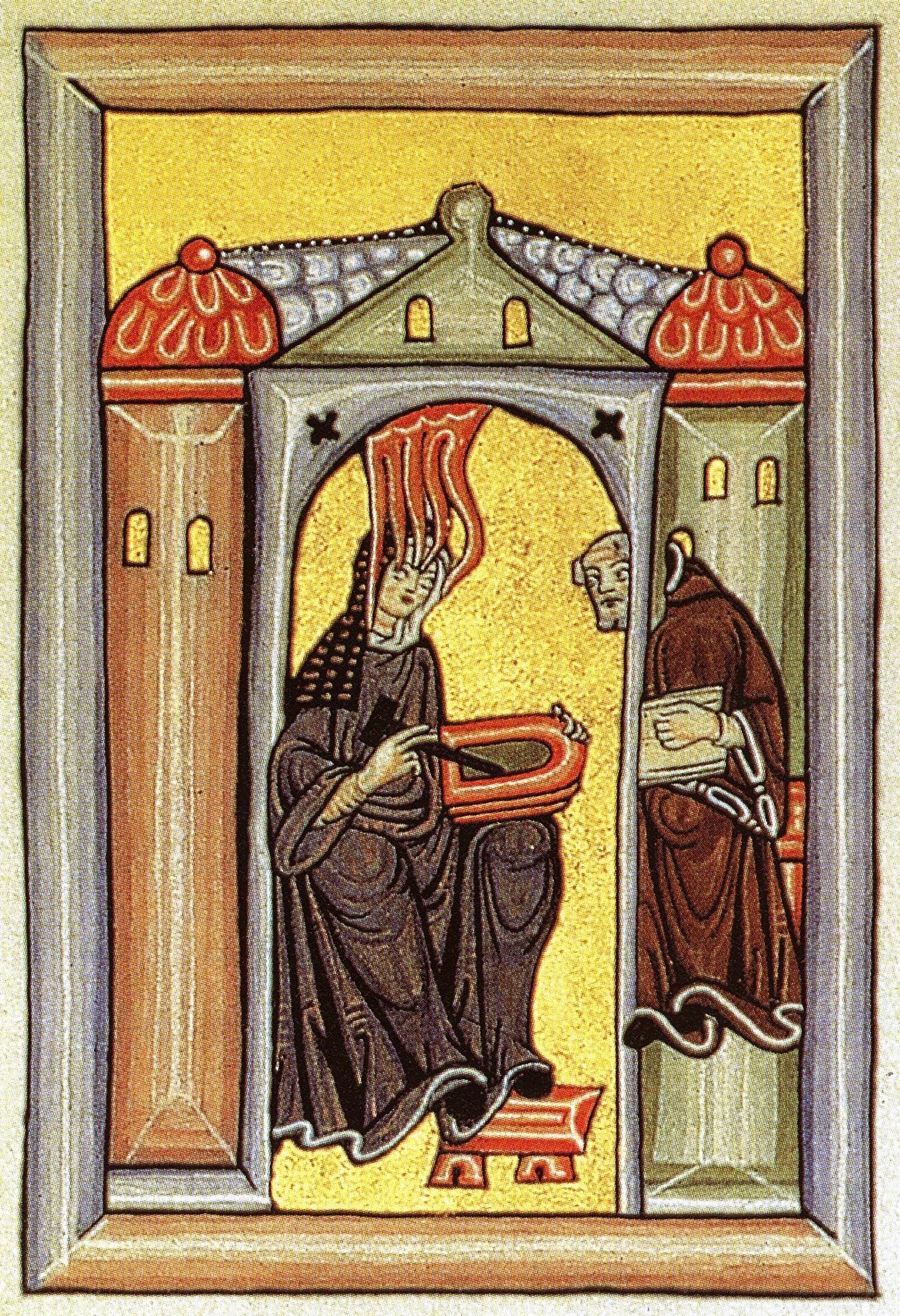 Iluminura que mostra Hildegarda recebendo a visão de sua obra Scivias e ditando ao monge Volmar