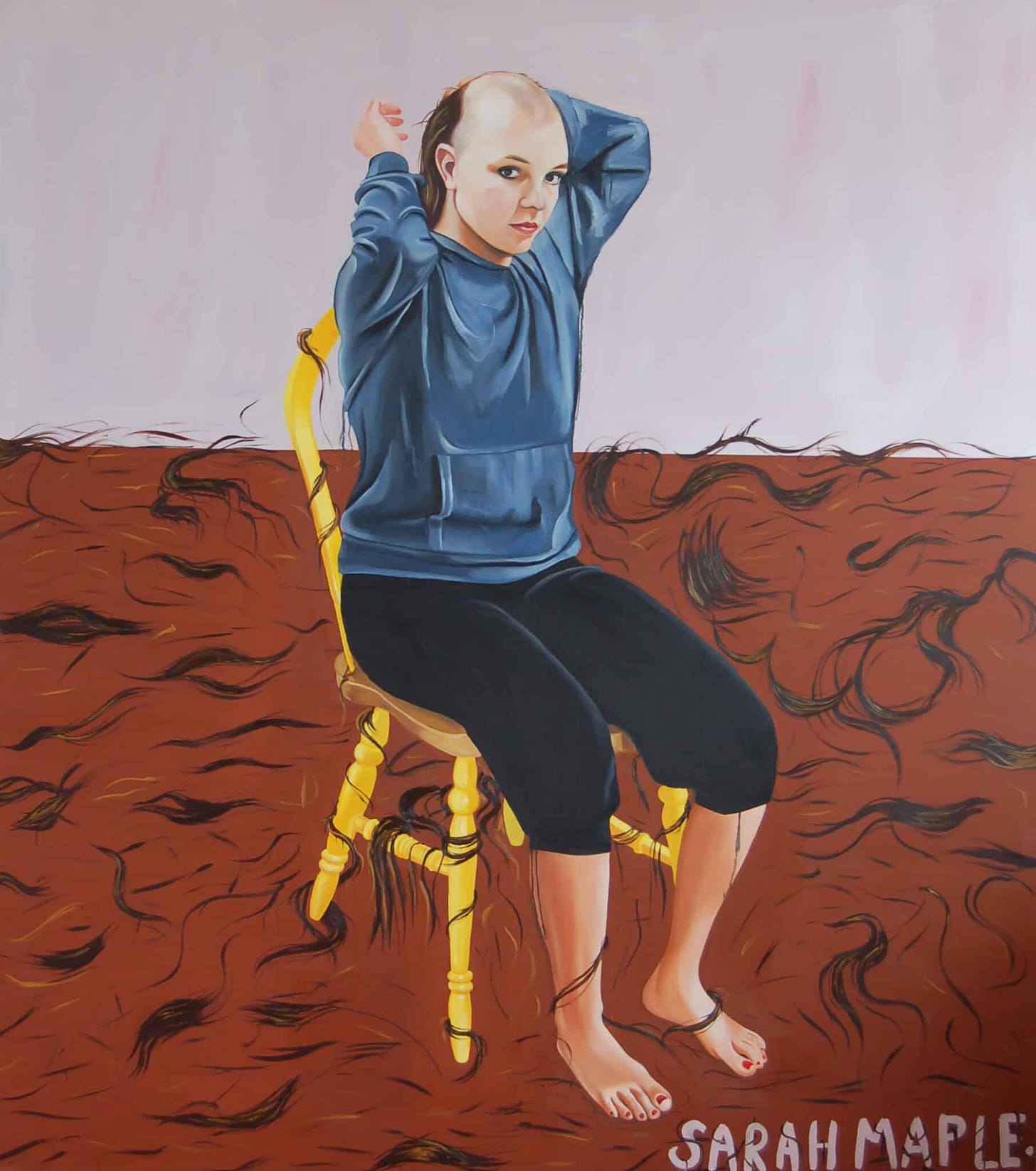 A painting. A white femme that looks strikingly like Britney Spears is seated in a yellow chair, looking at us. Their hands pull at the back of their head, with hair falling off and covering the brown floor in chunks.