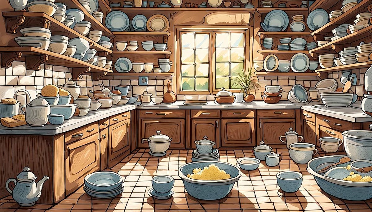 Lots of dishes on kitchen shelves