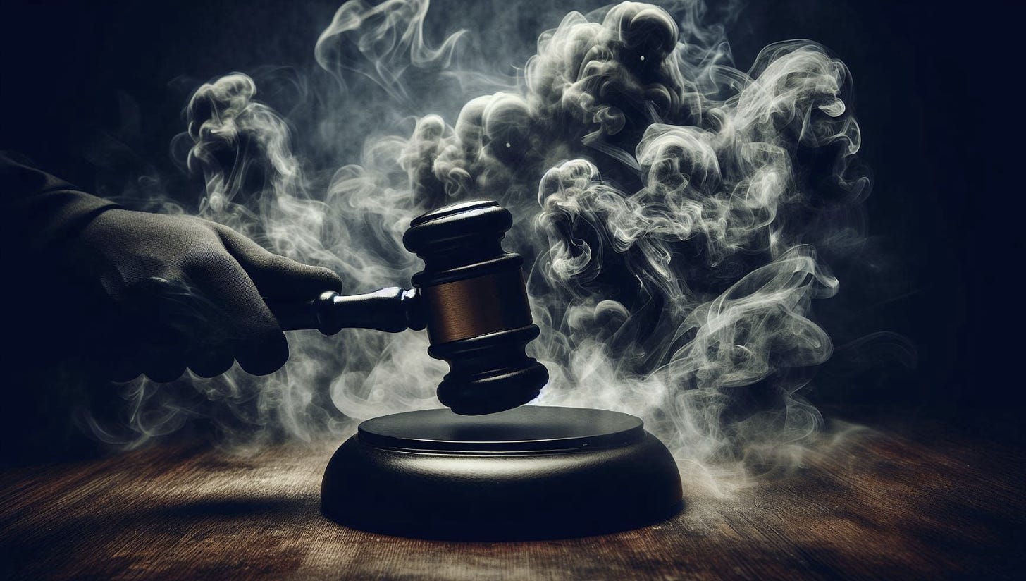 An AI-generated image of a judge's gavel hitting the table amid dark swirling smoke.