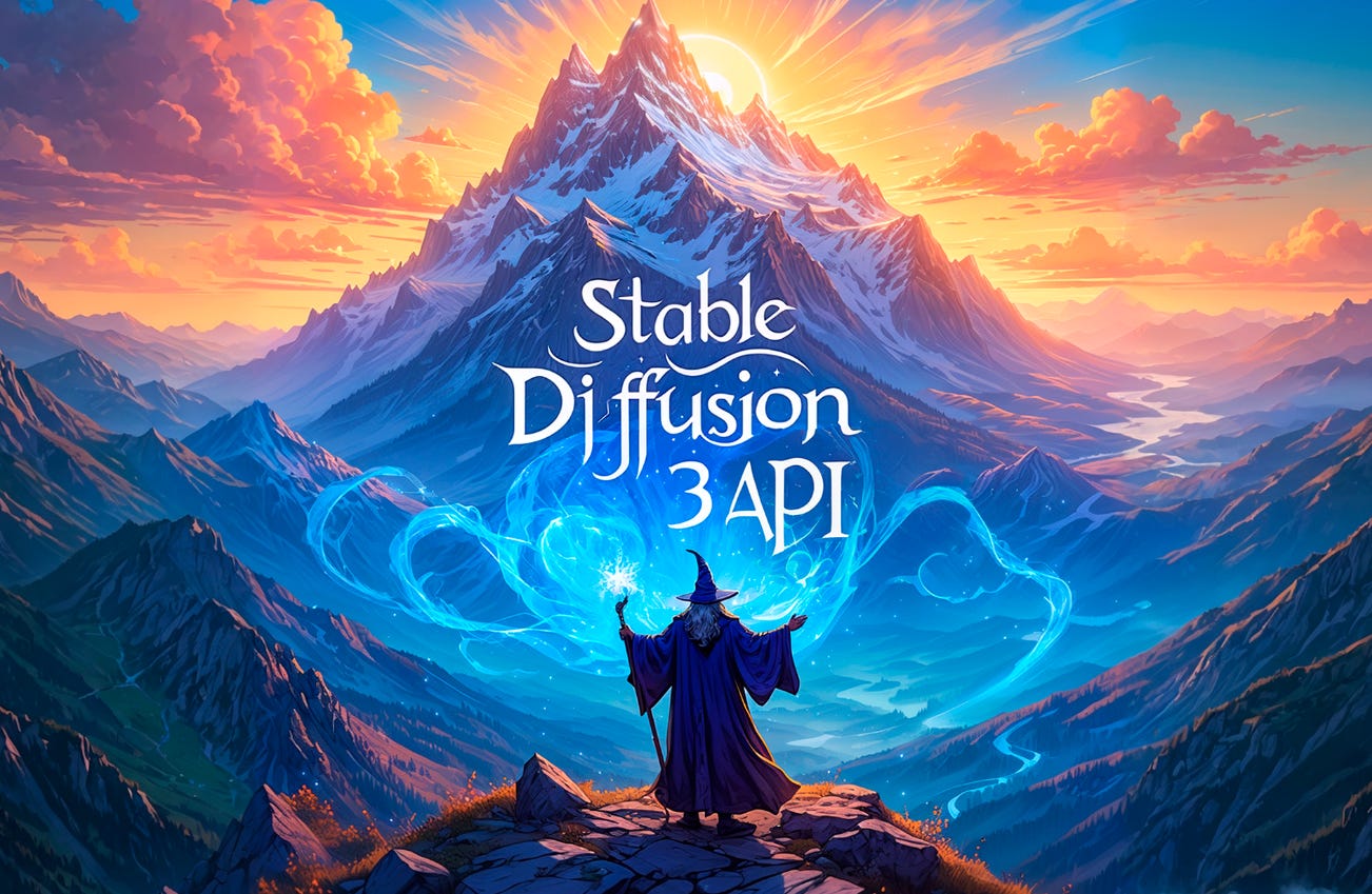 Stable Diffusion 3 API image with a wizard casting spells on a mountain