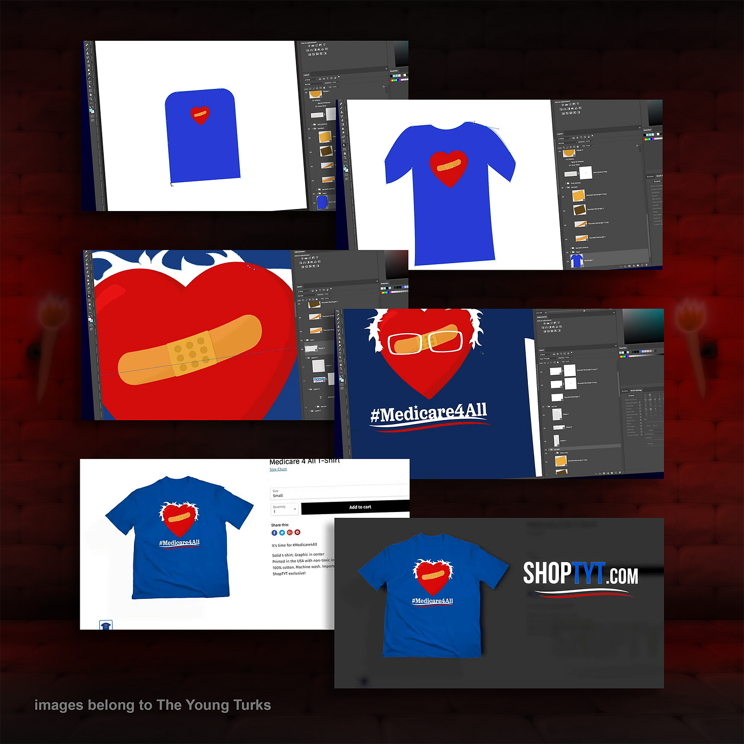 six screenshots lined up in two staggered columns of a commercial advertising shoptyt showing the fast forwarded photoshop work creating from scratch a blue tshirt with a red heart that has bernie sanders style messy hair. There is a bandaid on the heart.