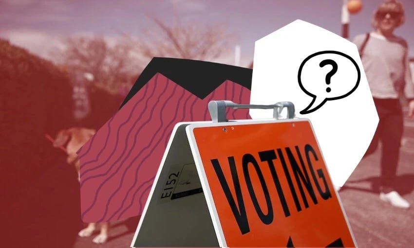 The image shows a voting sign with some abstract designs and a person in the background.