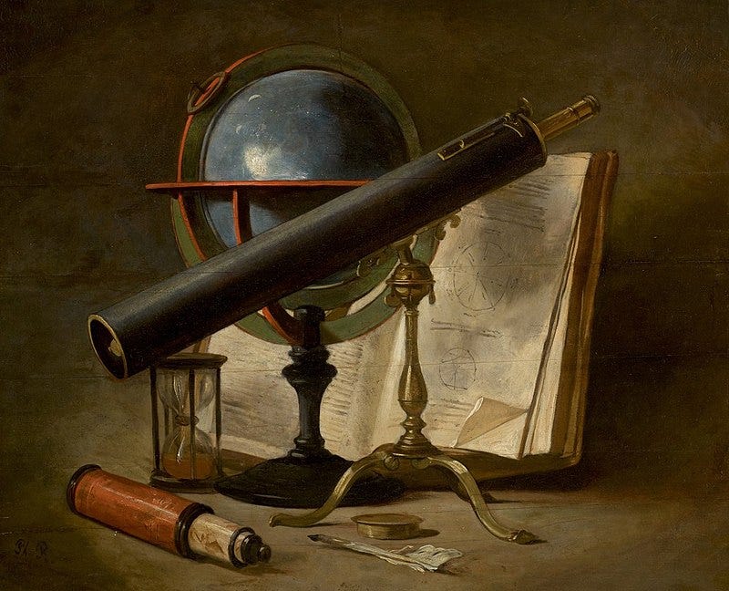 File:Still life with telescopes and an astrolabe, an hour glass, a book and  a quill by Philippe Rousseau.jpg - Wikimedia Commons