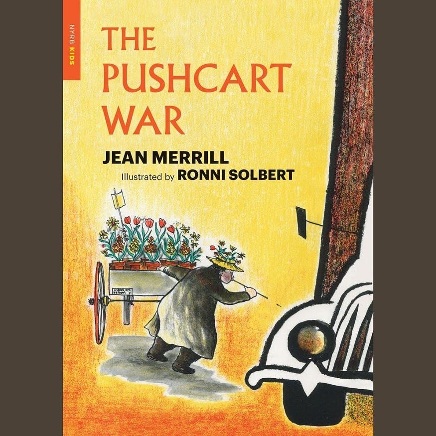 Image of the cover of the book, The Pushcart War, showing Freddy the Flower pea shooting tacks at the wheels of a huge truck