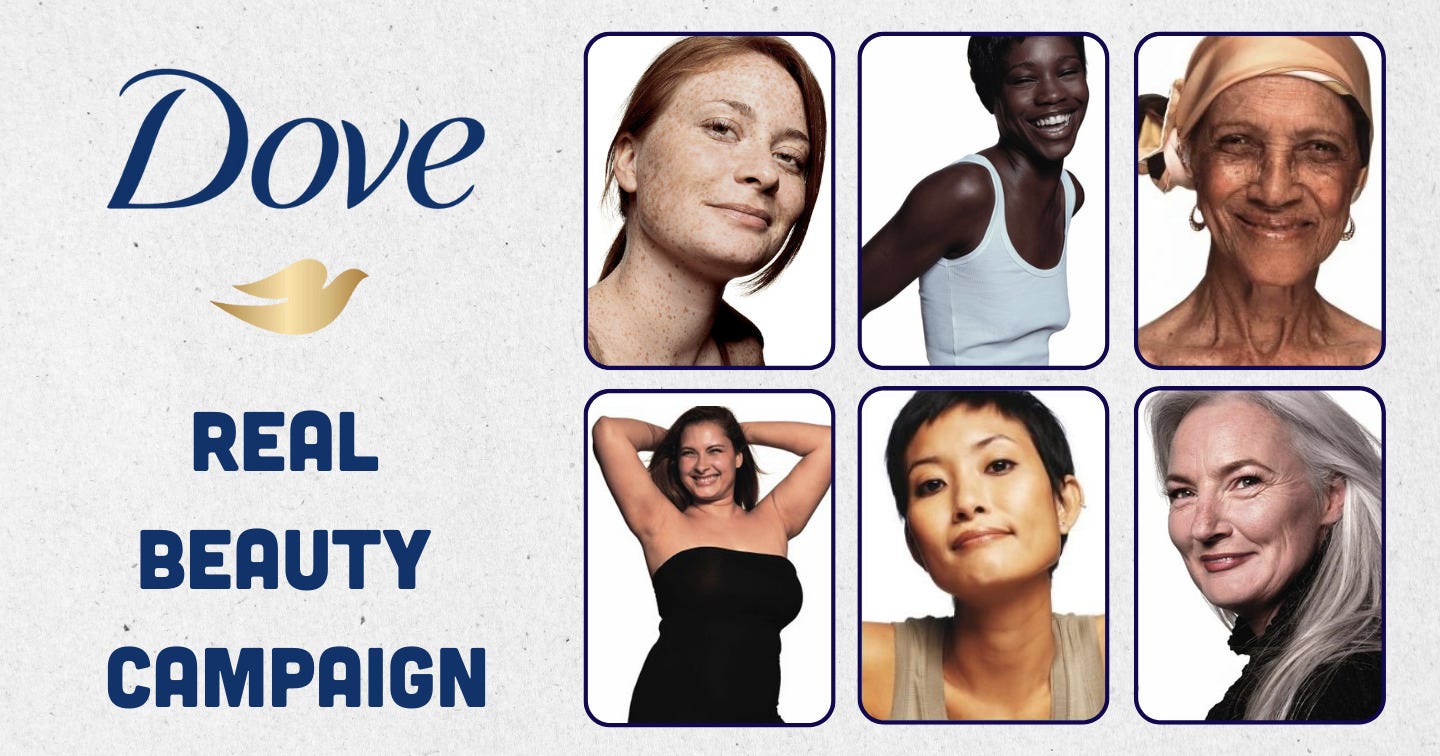 Dove's Real Beauty campaign featuring six diverse women of different ages, ethnicities, and body types.