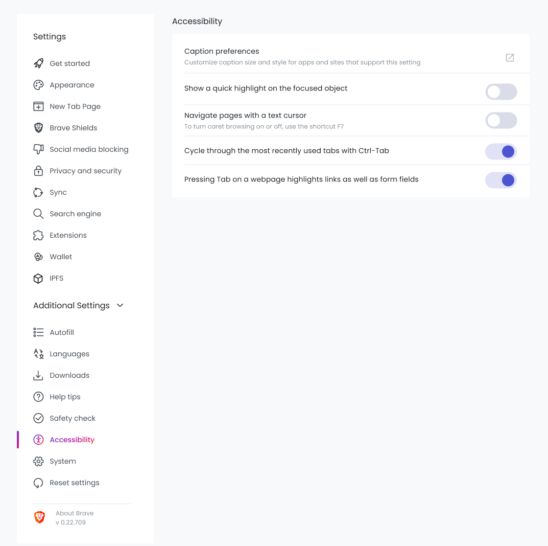 Accessibility Menu of Brave browser. Options mention caption preference, quick highlight, text cursor navigation, most recently used tab with keyboard navigation, and form field and link highlighting.