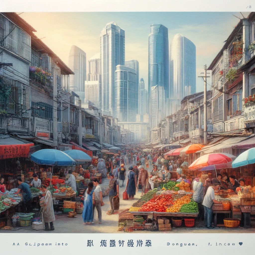 A postcard capturing everyday life in Dongguan, China, showcasing the city's dynamic blend of tradition and modernity. The image features a bustling market street scene in the heart of Dongguan. Vendors line the sidewalks with colorful stalls selling fresh produce, traditional Chinese snacks, and handmade crafts. Shoppers, young and old, navigate the vibrant marketplace, embodying the lively community spirit. In the background, modern skyscrapers rise above the market, contrasting with the traditional activities below. The essence of Dongguan's culture and daily life is vividly portrayed, with 'A Glimpse into Dongguan Life' elegantly scripted at the bottom of the postcard, inviting the viewer into the heart of the city.