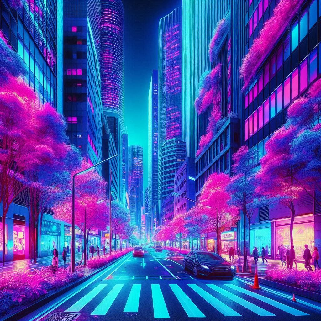 city sidewalk with vivid ultraviolet and infrared, solarpunk digital art