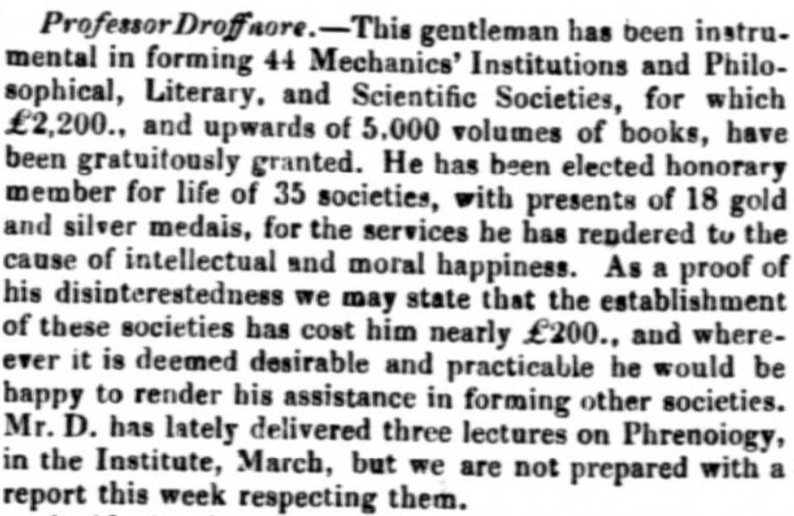 Instrumental in forming 44 institutions, Cambridge Independent Press, 18 October 1845