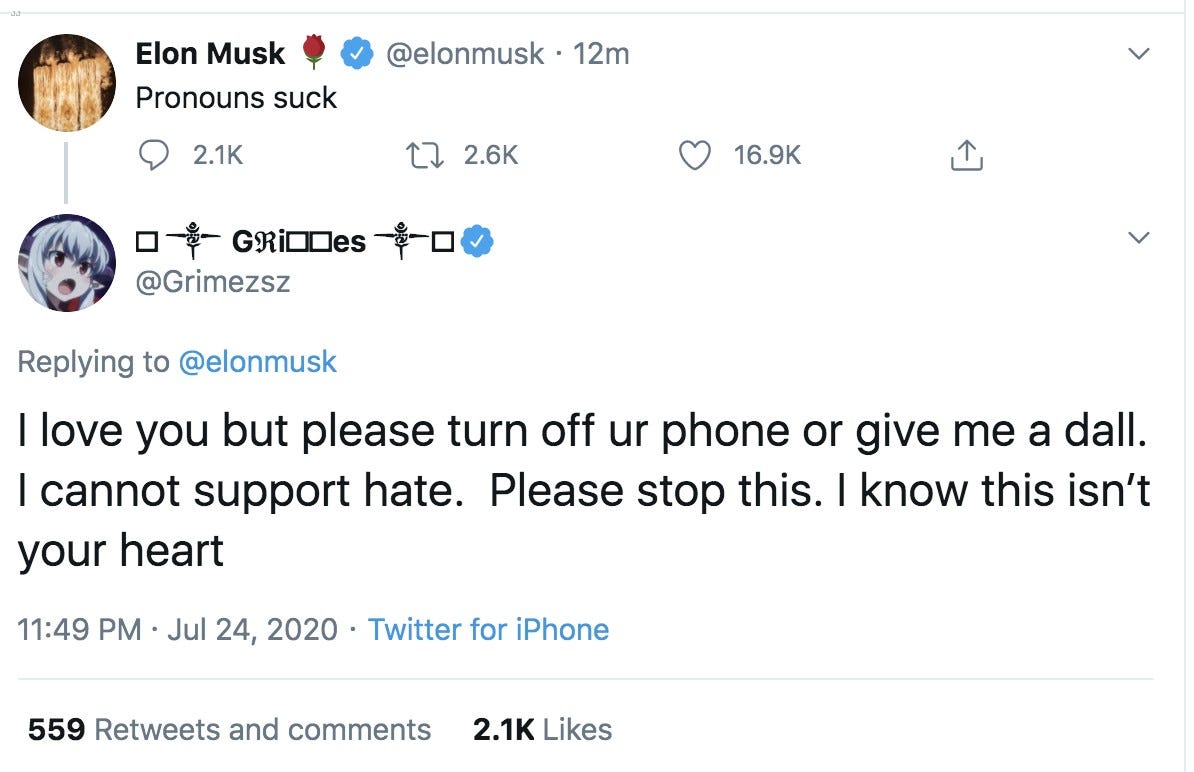 Grimes Tells Elon Musk To Turn Off His Phone After Tweeting 'Pronouns  Suck'; Then Deletes Her Response: Photo 4471712 | Elon Musk, Grimes Photos  | Just Jared: Entertainment News