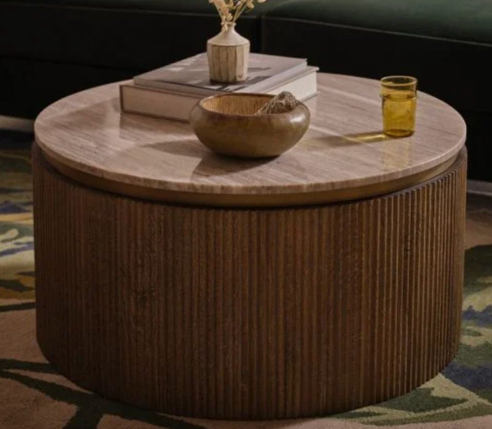 round slated coffee table with marble top