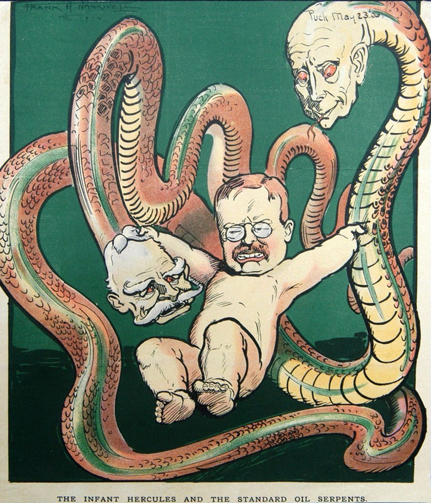 The Infant Hercules and the Standard Oil Serpents by Frank A. Nankivell, depicting U.S. President Theodore Roosevelt grabbing the head of Nelson W. Aldrich and the snake-like body of John D. Rockefeller, May 23, 1906