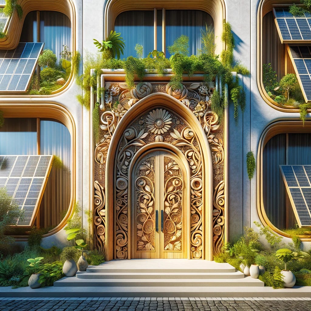 A frontal view of a solarpunk style front door. The door is crafted from natural wood with detailed carvings of leaves and vines. It is part of a bright, sustainable building adorned with abundant greenery and integrated solar panels. The building's architecture is characterized by fluid, organic forms. This scene captures the essence of solarpunk, blending advanced eco-friendly technology with nature. The door is the central focus, with the sunlight casting a warm light on its surface, highlighting the intricate patterns and the harmony between technology and the natural world.