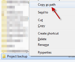 Screen capture of the "copy as path" menu entry