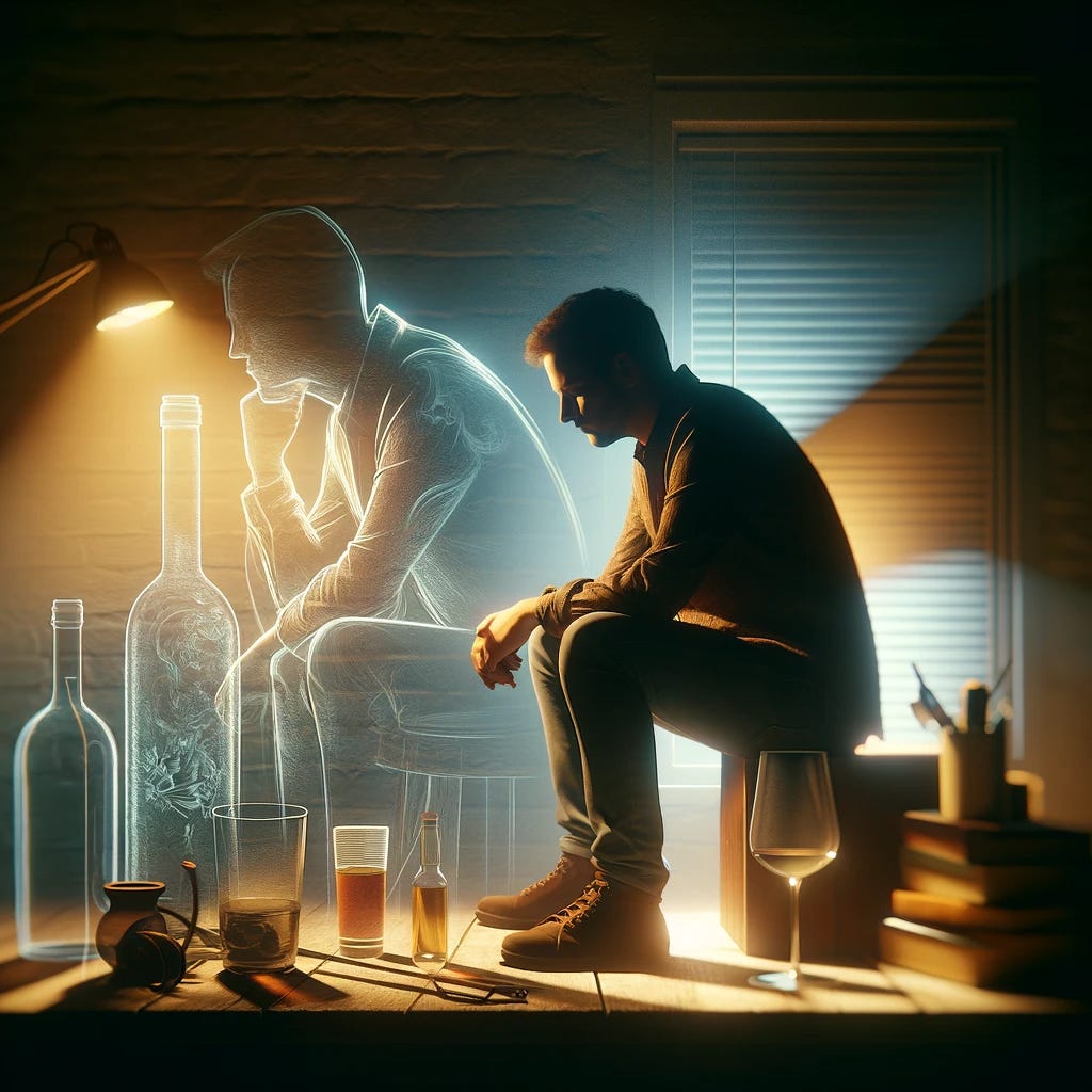 A thoughtful and introspective image of a person reflecting on their relationship with alcohol. The scene depicts a solitary individual, sitting in a contemplative pose, perhaps at a desk or in a quiet room. The person is surrounded by subtle visual elements that symbolize alcohol, such as a faint outline of a wine bottle or a glass, but these elements are transparent or ghost-like, representing the fading presence of alcohol in their life. The overall mood of the image is one of deep thought and introspection, with a focus on the person's journey towards understanding and change. The lighting is soft and warm, creating an atmosphere of quiet reflection and personal growth. The colors are muted, emphasizing the introspective nature of the scene.