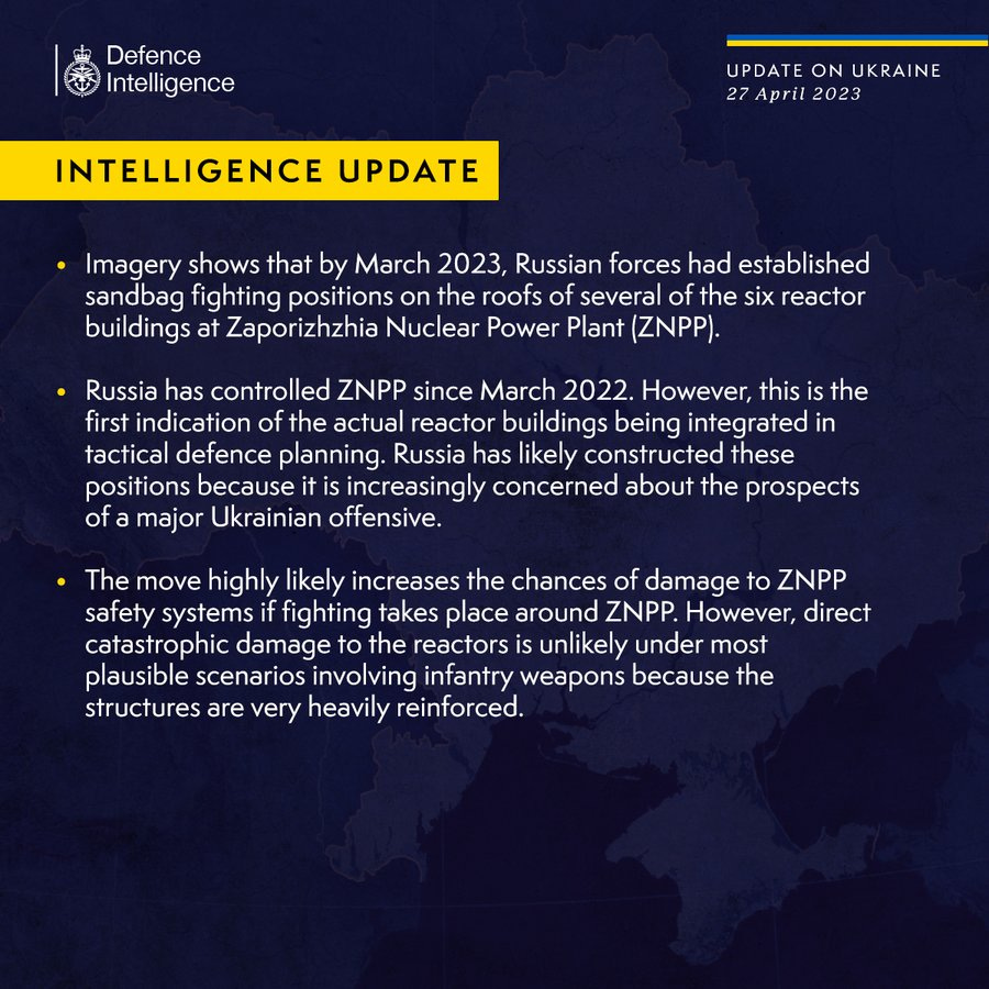 Latest Defence Intelligence update on the situation in Ukraine - 27 April 2023.