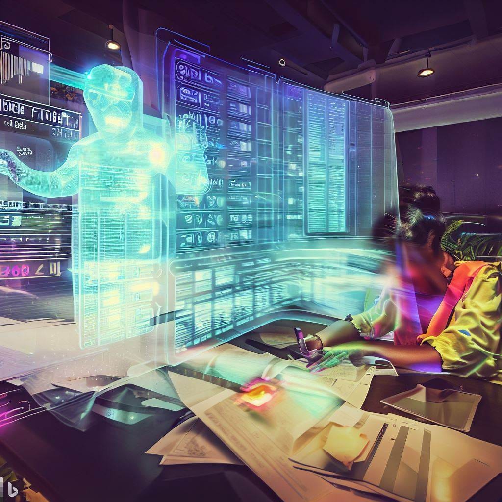 woman in office making spreadsheets with a ghostly computer precense at her side, solarpunk