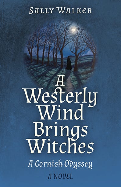 Book cover of A Westerly Wind Brings Witches: A Cornish Odyssey by Sally Walker, in shades of blue with artwork of shadowy leafless tree silhouettes