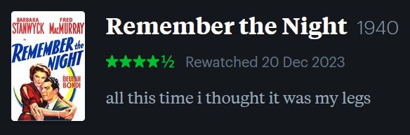screenshot of LetterBoxd review of Remember the Night, watched December 20, 2023: all this time i thought it was my legs
