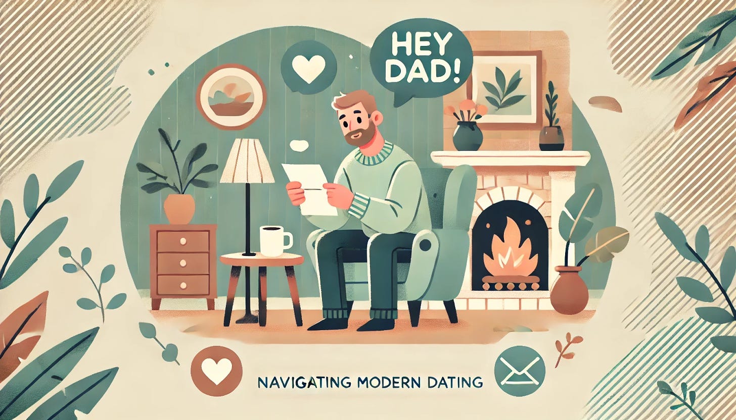 A cozy thumbnail of a dad sitting in a comfortable chair with a cup of coffee, looking thoughtfully at a letter. Background: A living room with a fireplace, warm lighting, and soft colors like light blues, gentle greens, and warm browns. Additional elements: a subtle heart icon and a chat bubble icon, suggesting communication and care. Created Using: digital illustration, friendly font for 'Hey Dad!' title text, clear readable font for 'Navigating Modern Dating' subtitle text, warm color palette, soft lighting, high detail, smooth textures, glibatree prompt, inviting atmosphere, family-friendly style, modern design