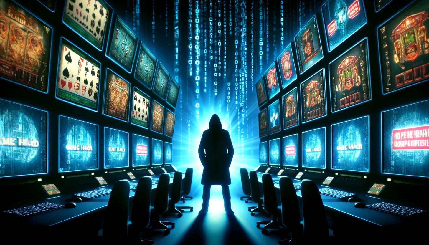 A dramatic and eye-catching YouTube thumbnail image representing the hacking of a gambling game. The scene depicts a shadowy figure, silhouetted against the glowing screens of multiple computers, with binary code raining down across the screens. The computers display images of slot machines and poker cards. The atmosphere is tense and mysterious, with a dark color palette of blues and greens, and a bold, prominent title in a high-tech font that reads 'Game Hack Exposed!'