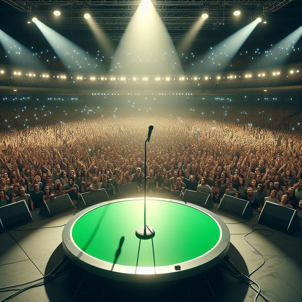 View from a stage in a crowded arena. There is a spotlight pointed towards the stage. Lots of flashing lights from the crowd. There are no performers on the stage. Instead, as if it's a circular tabletop balanced on its edge, there is a giant green circle. The green circle at the front middle of the stage, where normally there would be a performer. The crowd is excited to see the green circle there.