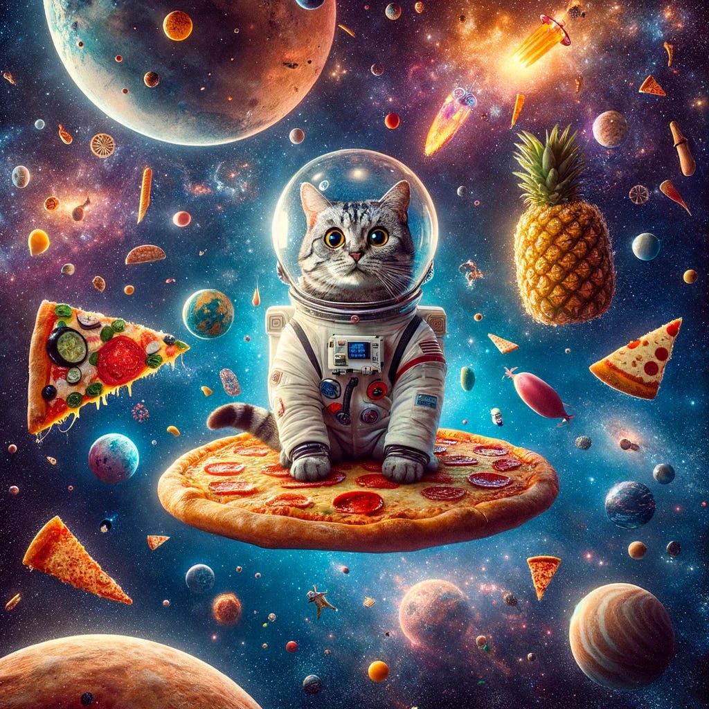 Imagine a whimsical scene where a cat, clad in a tiny, custom-fit astronaut suit, is adrift in the vast expanse of space, navigating the cosmos between a gigantic, floating pizza and a similarly oversized pineapple. This adventurous feline, with wide, mesmerized eyes, gazes out into the universe, floating amidst a fantastical array of planets. Each planet is uniquely themed around various foods and everyday items, creating a vibrant tapestry of colors and shapes in the celestial background. The scene captures the essence of curiosity and wonder, as the cat, with its tail gently floating behind, seems to be on an epic journey through a deliciously bizarre and imaginative cosmic landscape.