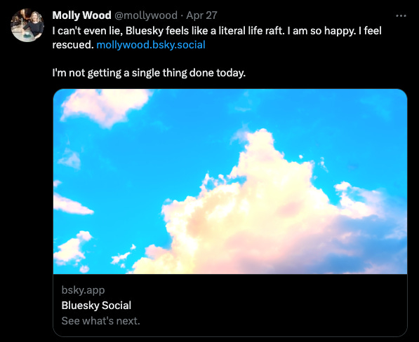 A screenshot of a tweet telling people where to find me on Bluesky and saying that it feels like a literal life raft.