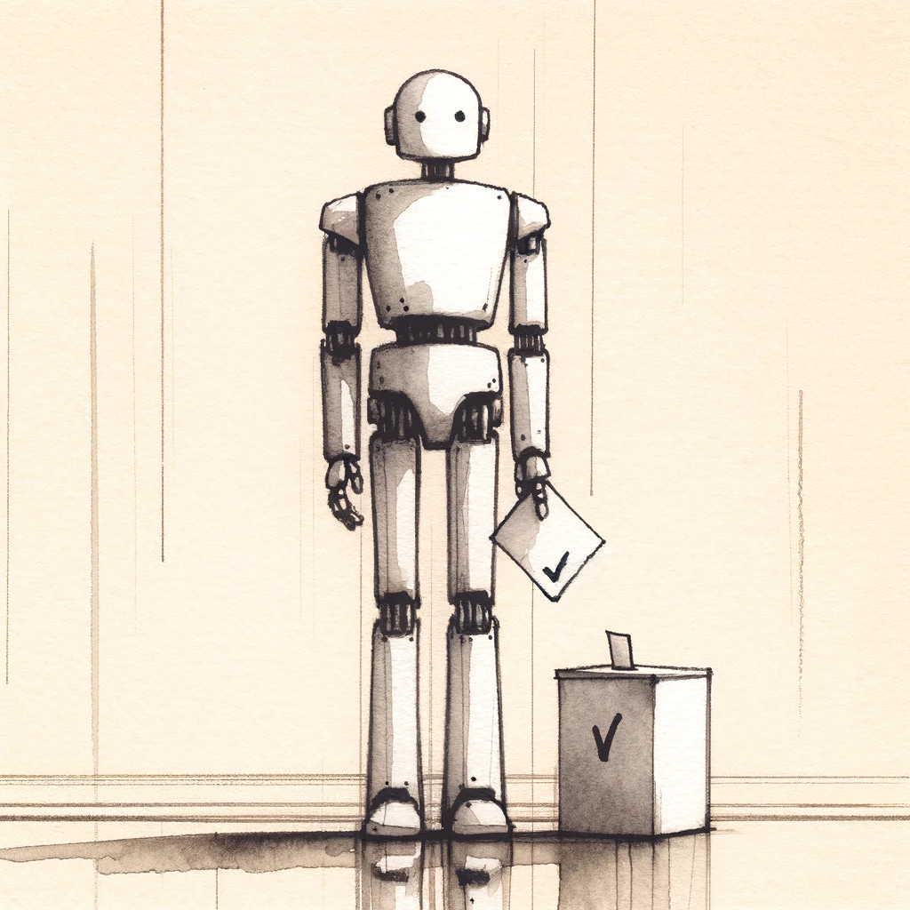 A watercolor sketch of a robot standing in a plain, minimalist room, holding a ballot paper. The robot is the central focus, with no other details or objects in the scene, just a simple and unadorned background.