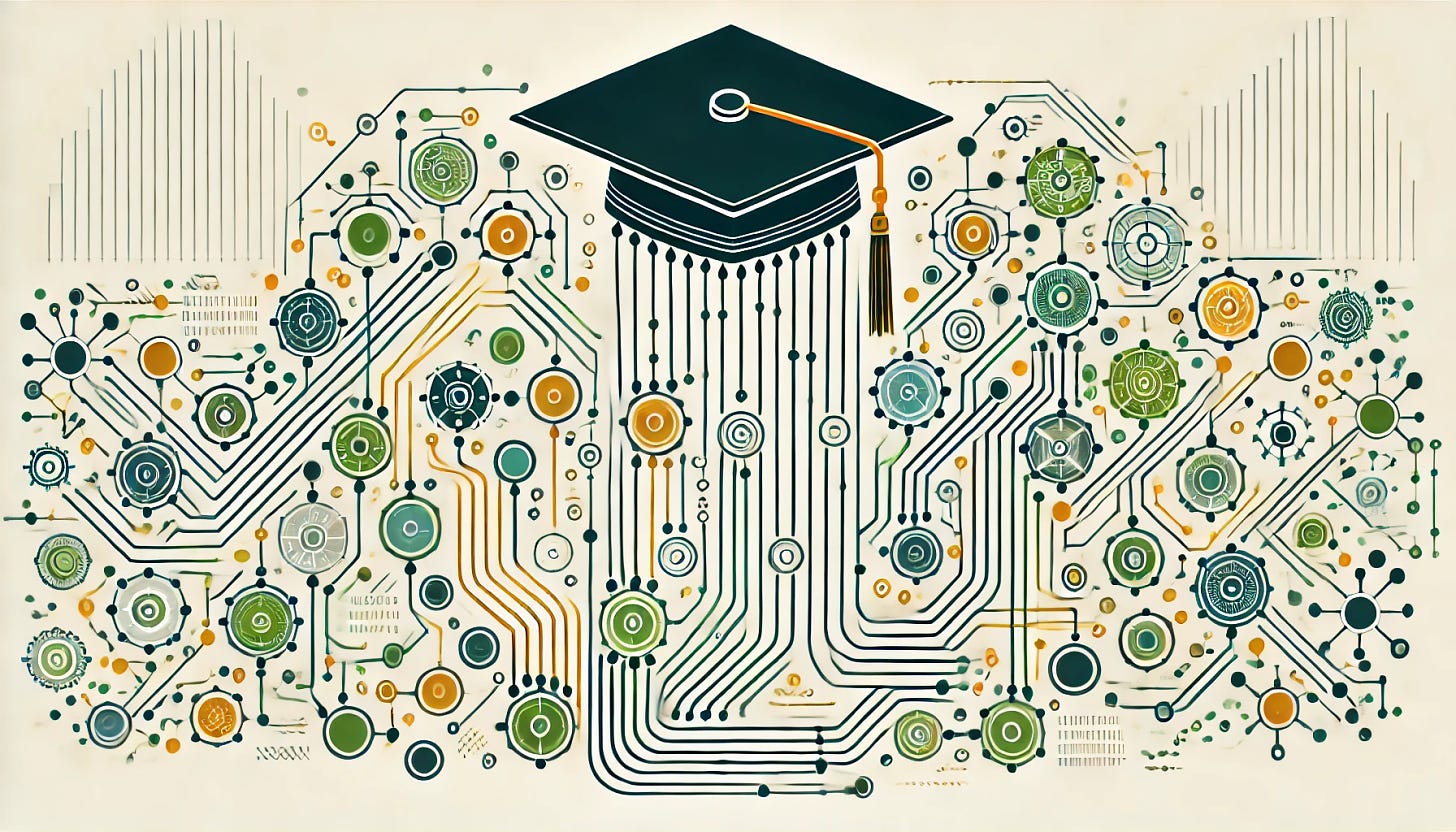 An abstract illustration in a technical style showing interconnected nodes and circuits representing dataflows. The design should have a more academic feel, featuring colors such as greens, golds, and whites. Include a stylized graduation cap as part of the network. The background should be light with subtle circuitry patterns, resembling a complex network or workflow. The design should have a high-tech, digital feel with lines connecting the nodes, but no text labels or legends.