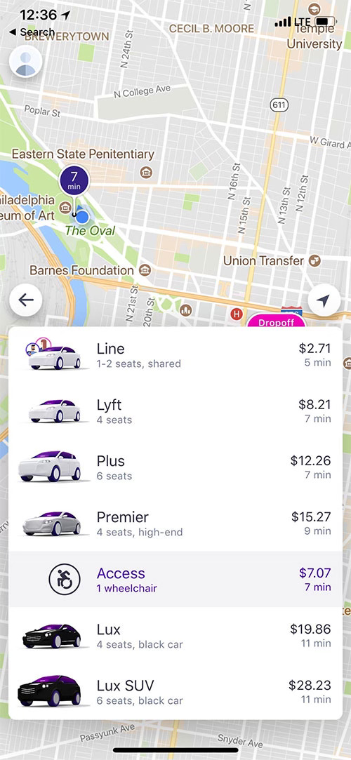 Screenshot of Lyft Access mode in mobile app for Philadelphia.