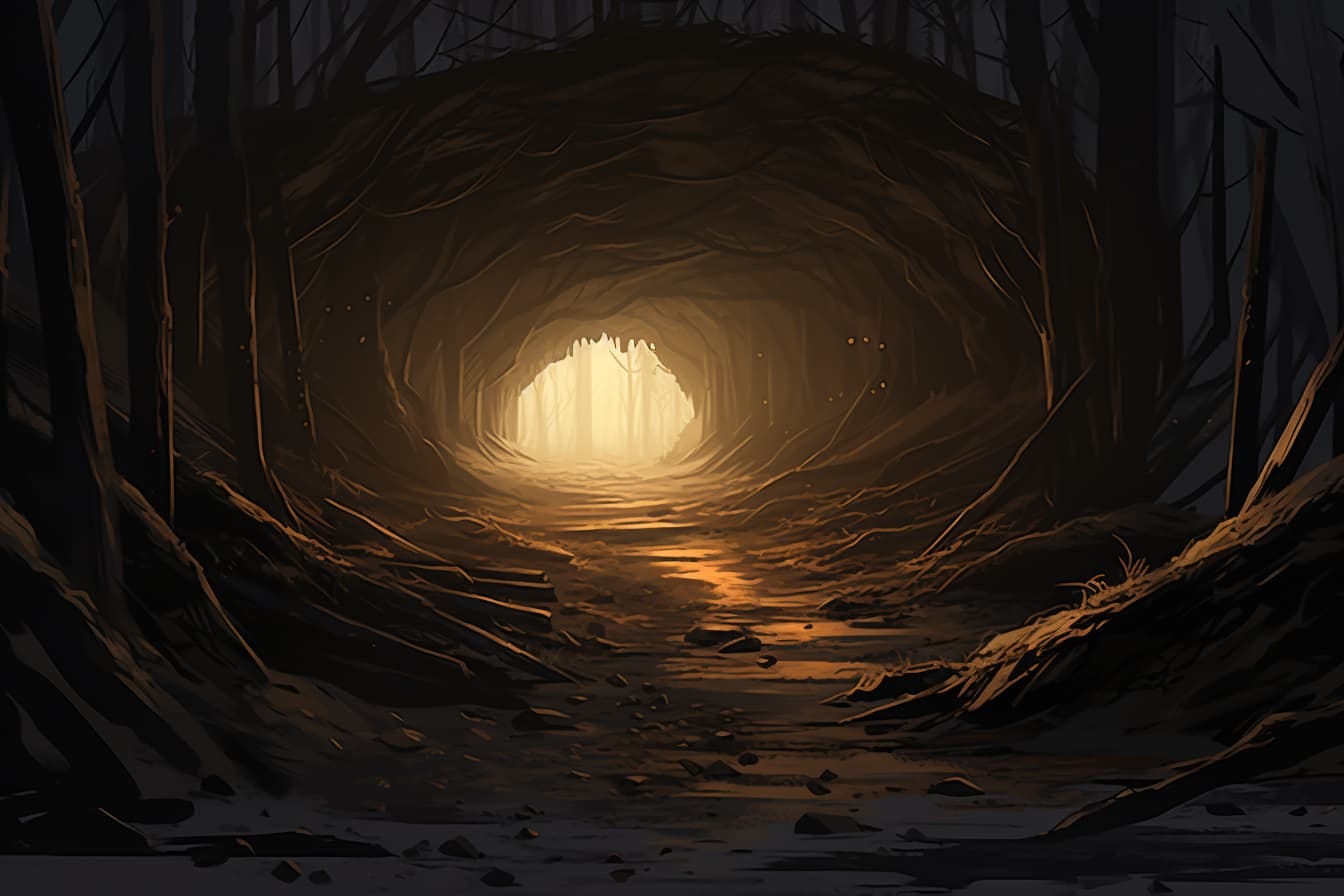 a light at the end of a dark tunnel in a forest