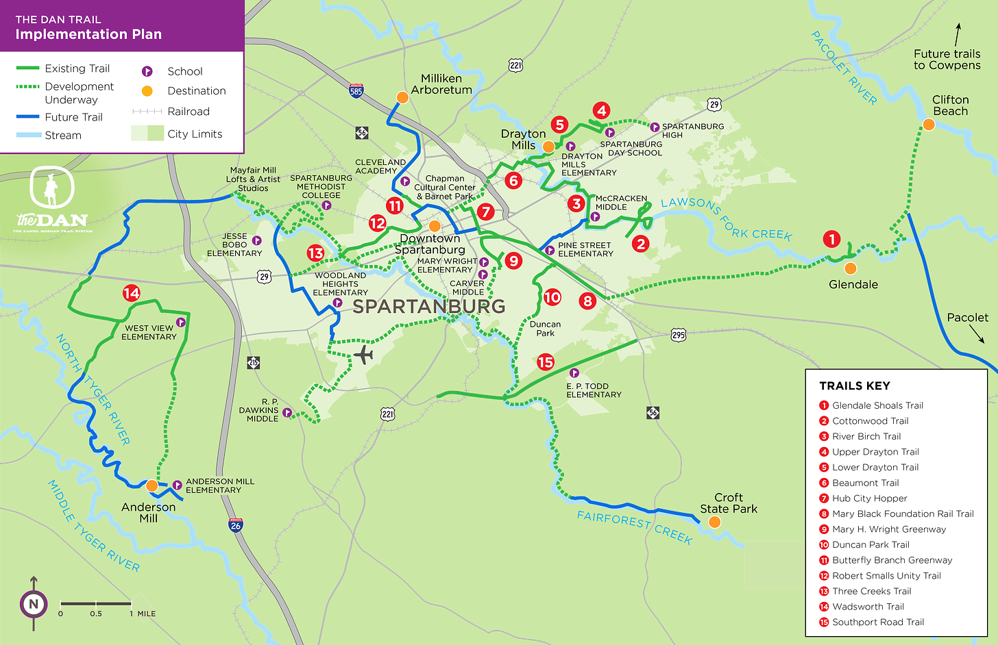A map showing future and current trails in the Dan system of Spartanburg, SC.