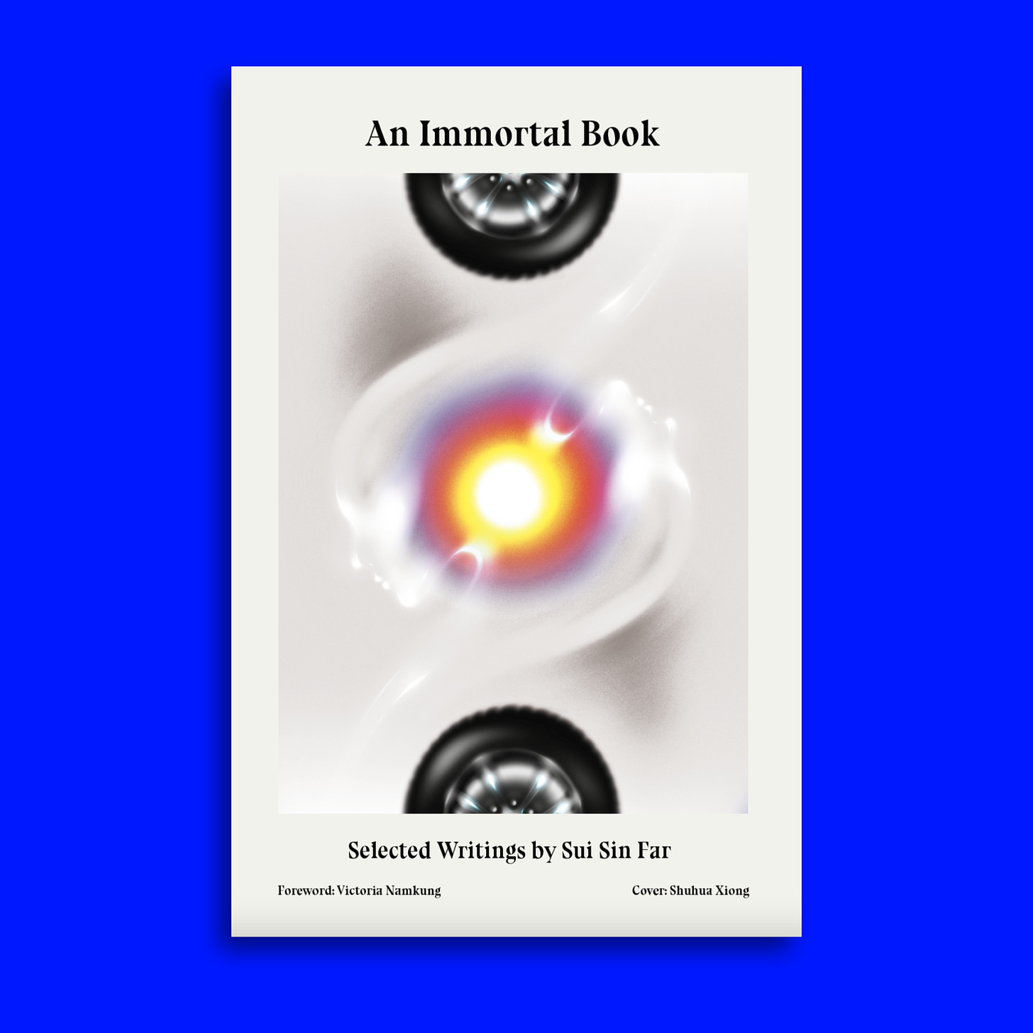 Cover illustration for An Immortal Book, featuring ghostly faces in profile swirling around a colorful orb; framed by wheels
