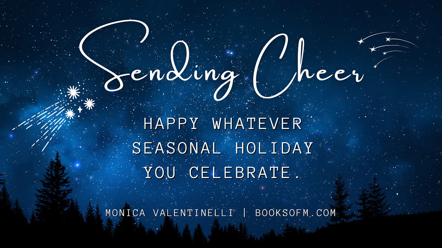 Sending Cheer | Happy Whatever Seasonal Holiday You Celebrate | Monica Valentinelli | BooksOfM.com | Picture of a starry night sky and silhouettes of trees