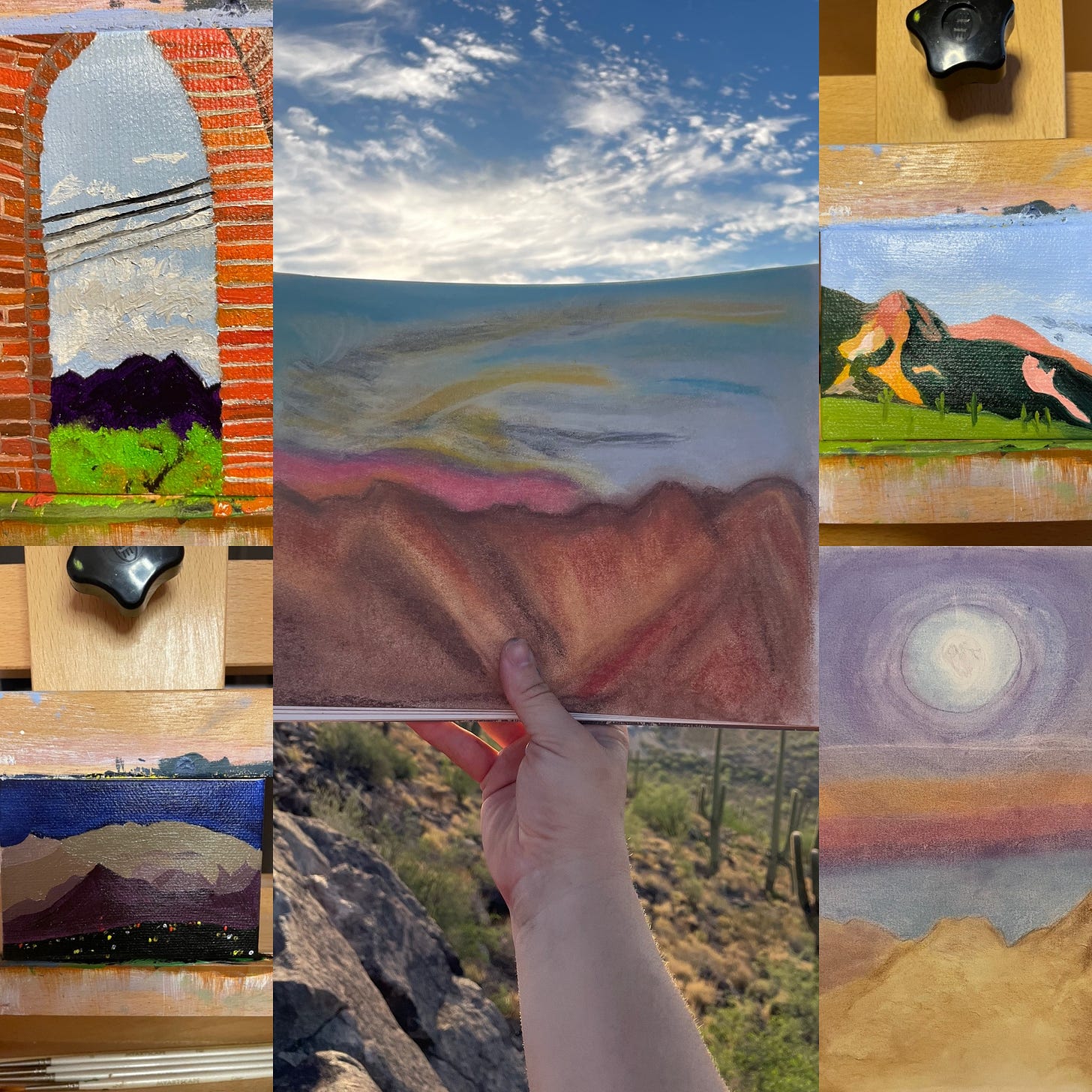 A compilation of 5 images of original art by Anita Mechler of mostly mountain lanscapes
