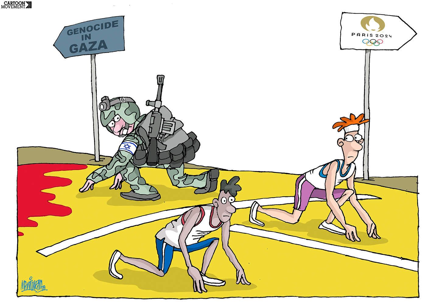 Cartoon showing two Olympic athletes at a starting line, looking back at a Israeli soldier at a different starting line with a pool of blood that is marked ‘Genocide in Gaza’.